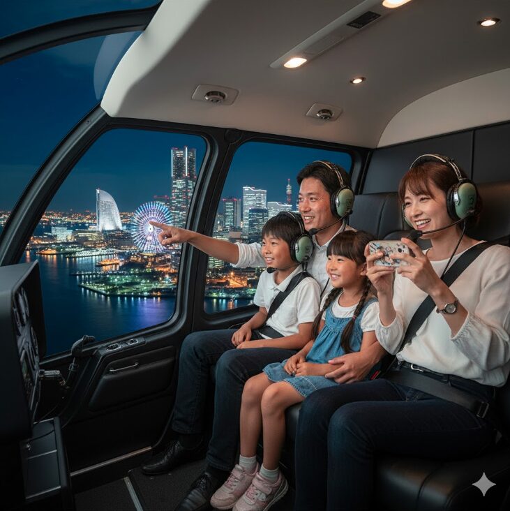 ヘリコプターに搭乗する日本の家族。プライベートな空間を強調し、1機貸切料金制での遊覧飛行の様子。