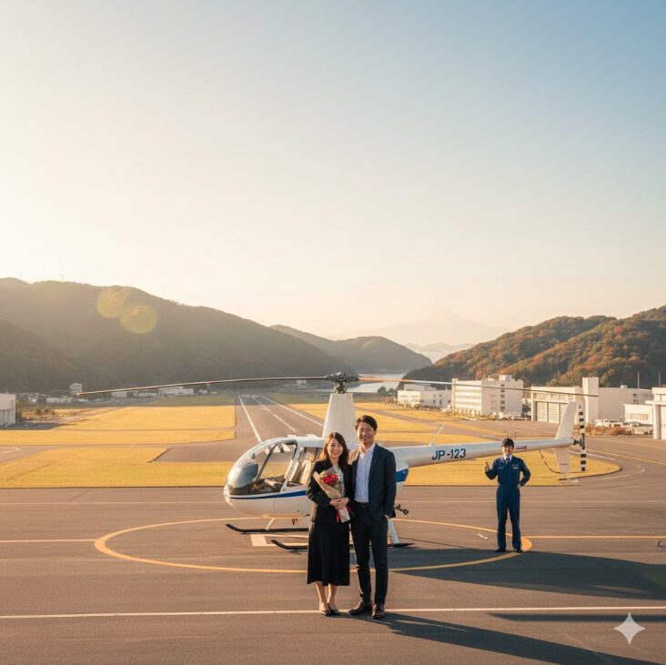 ヘリコプターの機体と一緒に記念撮影をする日本のカップル