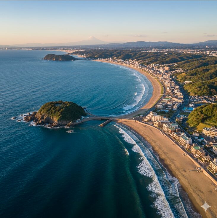 ヘリコプター遊覧から眺める七里ヶ浜と江ノ島の海岸線。古都と湘南の海を一望できる鎌倉クルージングの絶景。