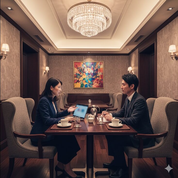 ホテルのラウンジで静かに打ち合わせをする男女ビジネスパーソン