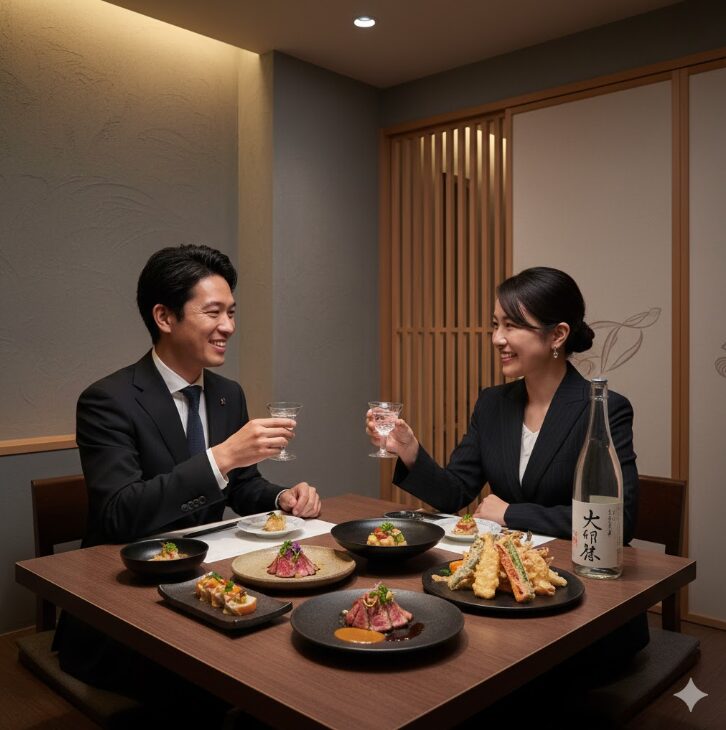 モダンな和食レストランの落ち着いた個室で、創作和食と日本酒を楽しむビジネスパーソン。