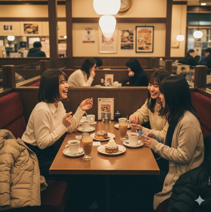 レトロな喫茶店でシロノワールなどを囲んで談笑する3人の女性。
