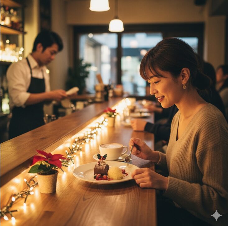 一人の日本人女性がクリスマス仕様のデザートプレートとコーヒーをリラックスして楽しんでいる