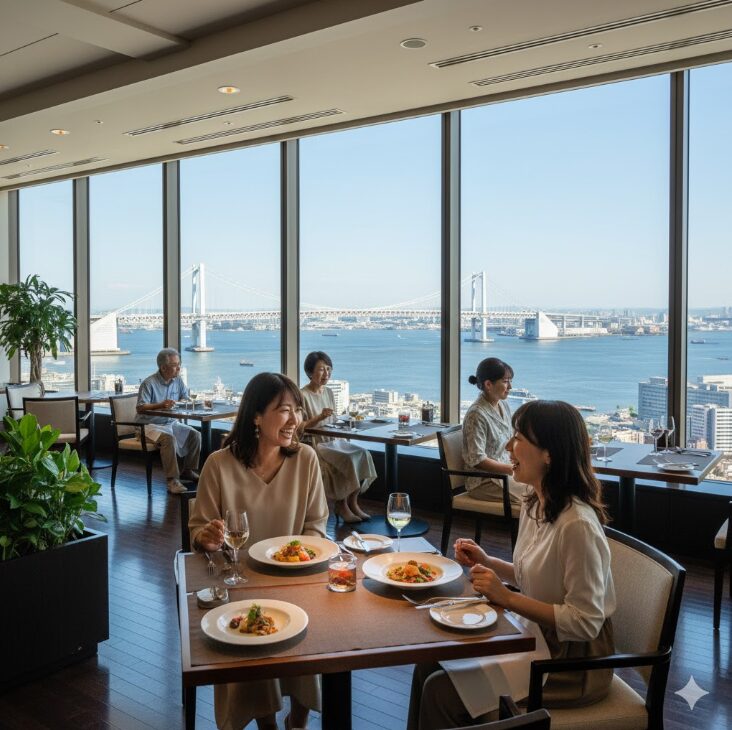 上階レストランで、ベイブリッジと海を望む絶景を背景にランチを楽しむ人々