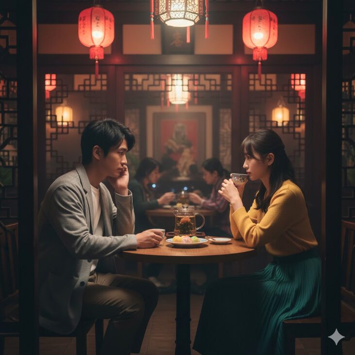 中華風の落ち着いたレストランで、初デートの男女