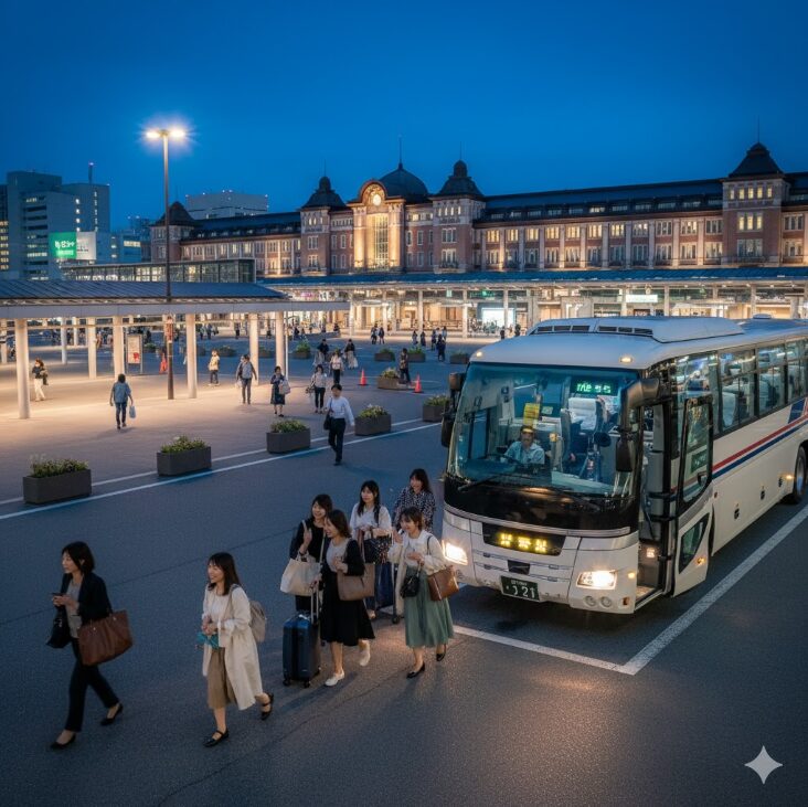 京都駅八条口のバスターミナルに停車している夜行バス