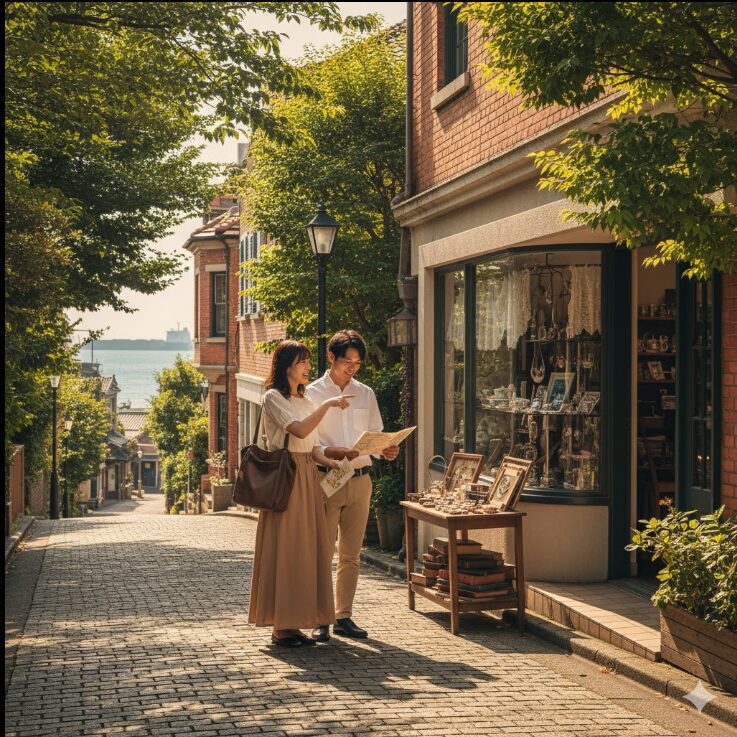 地図を広げてアンティークショップの外観を眺める若い日本人カップル