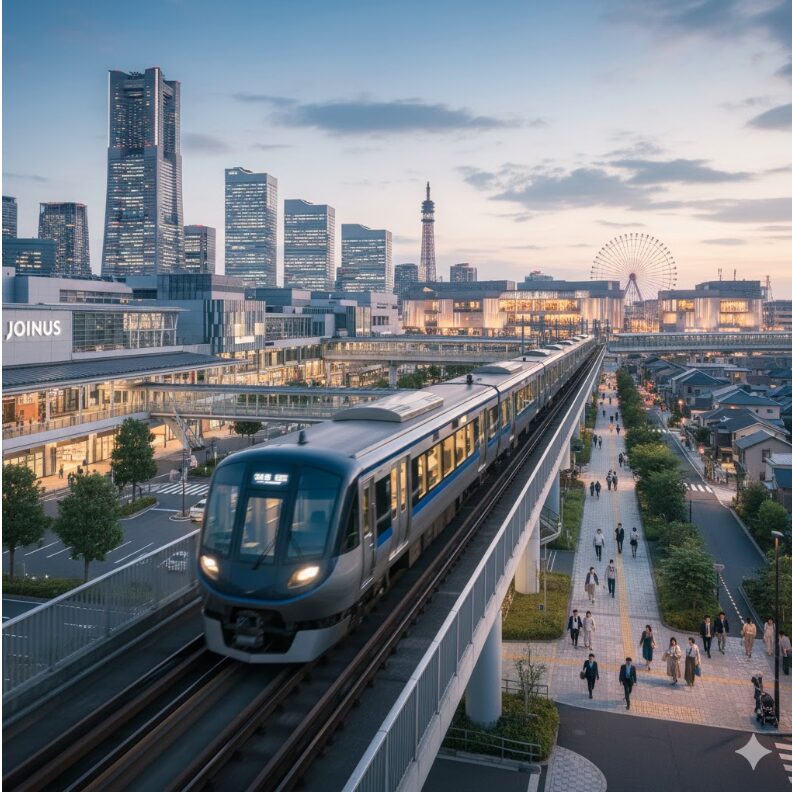 夕暮れの横浜を走る相鉄線の電車。高層ビル群と商業施設を背景に、多くの人々が行き交う近代的な街並みが広がる。