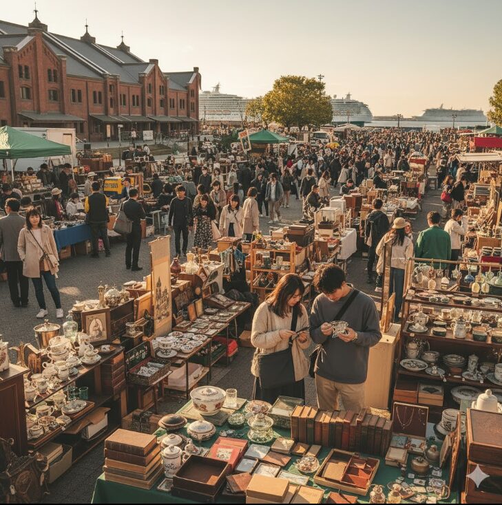 夕暮れ時の横浜赤レンガ倉庫前広場で開催されている大規模なアンティーク蚤の市の様子