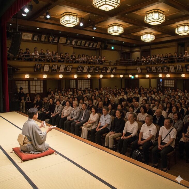 多くの観客が落語を鑑賞している様子