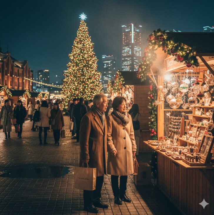 夜の横浜赤レンガ倉庫で開催されているクリスマスマーケット