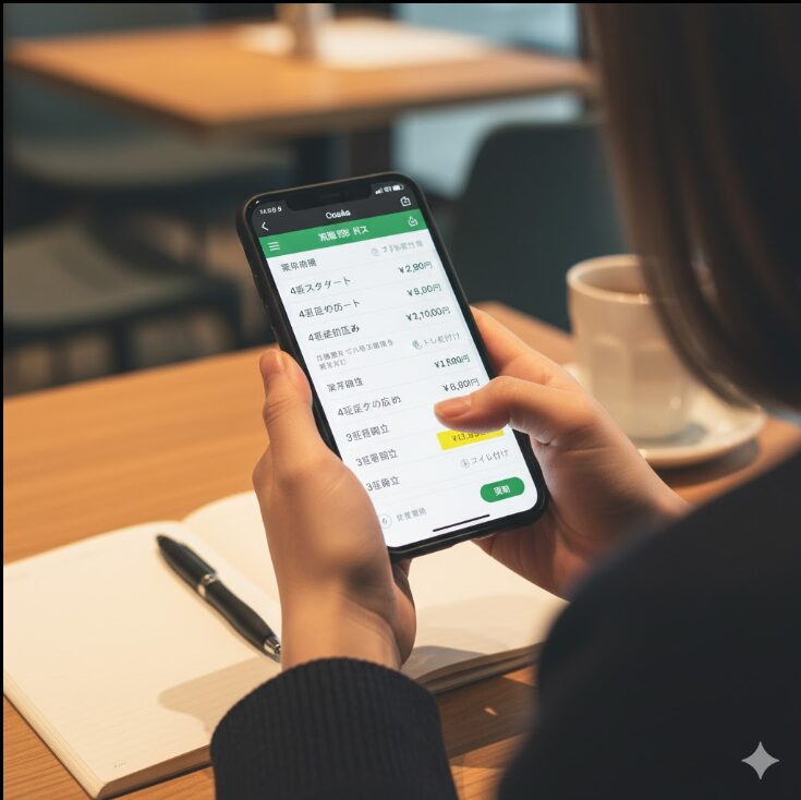 夜行バスのチケット予約サイトをスマートフォンで比較検討している日本人女性の手元。