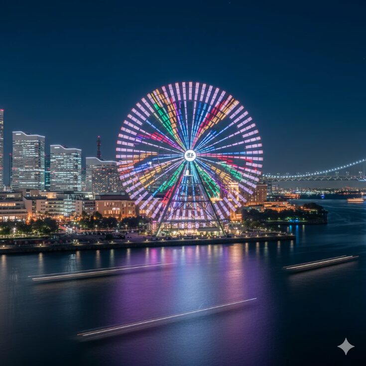 夜間に色鮮やかなイルミネーションでライトアップされた、よこはまコスモワールドの大観覧車「コスモクロック21」。