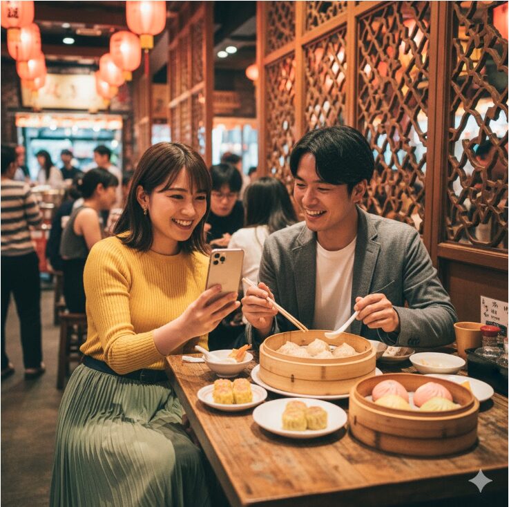 大学生らしき若い男女が、横浜中華街のカジュアルな点心専門店でランチを楽しんでいる