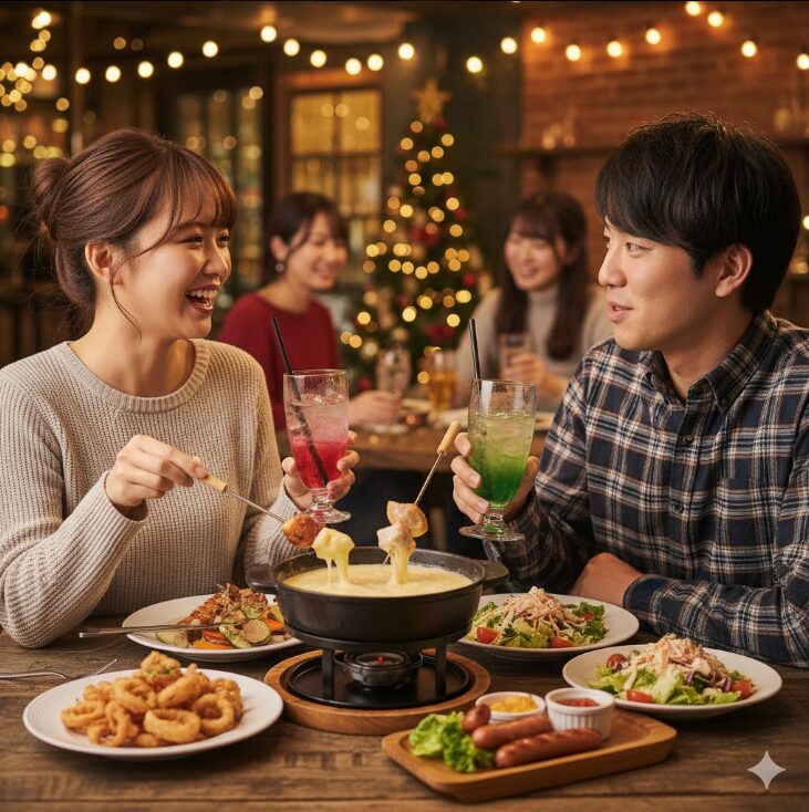 大学生風の若い日本人カップルがチーズフォンデュやアラカルト料理をシェアしながら楽しそうに話している