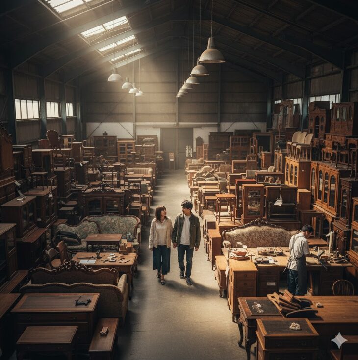 天窓から光が差し込む広大な倉庫型アンティーク家具店。