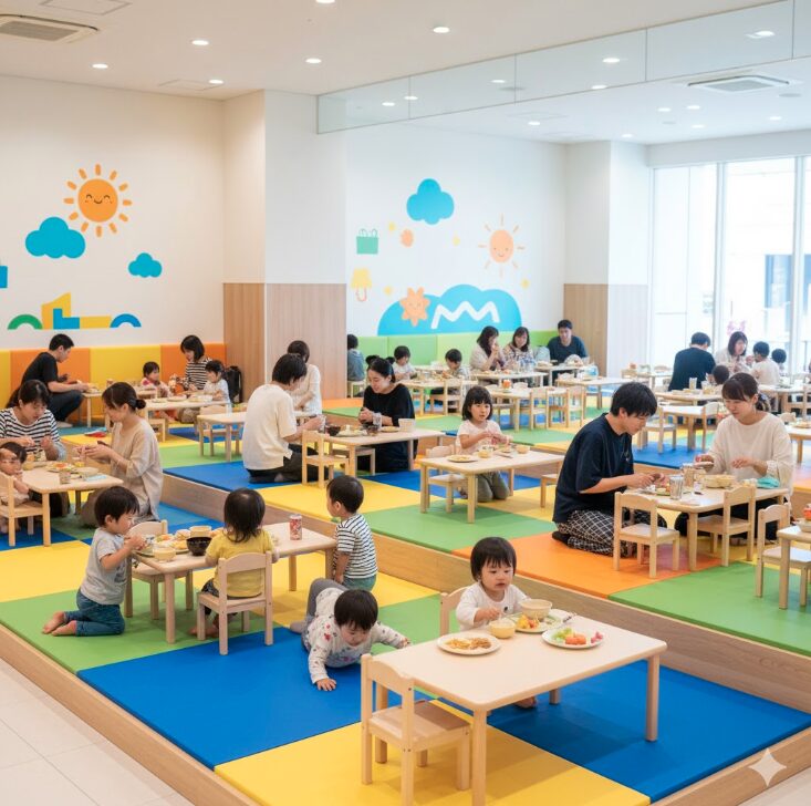 子どもたちが遊べるカラフルな小上がり席