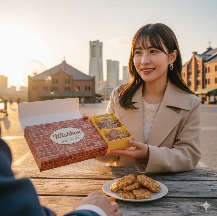 屋外のテーブルで「横濱レンガ通り」の箱を開けている日本人の女性