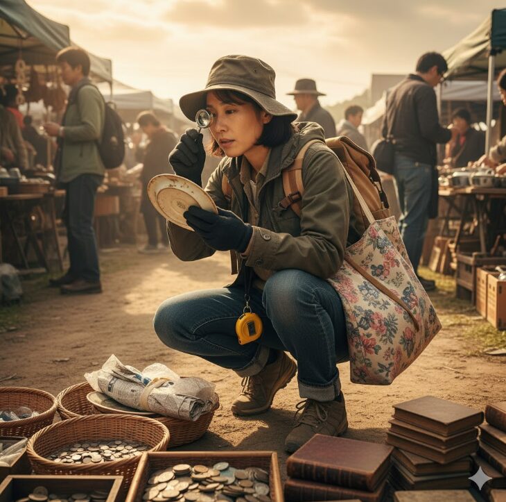 屋外の蚤の市で、動きやすい服装の若い日本人女性がしゃがみ込み、ルーペで古い皿を熱心に調べている