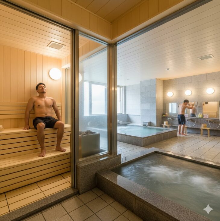川崎ビッグやレックスイン川崎をイメージした、充実した大浴場とサウナ設備。サウナでリフレッシュする男性利用者の様子。