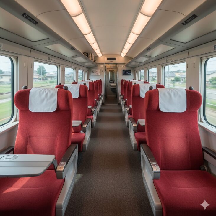 成田エクスプレスの清潔で広々とした車内インテリア