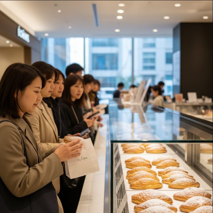 手前の女性は購入したばかりのショソン・エシレを袋から出し、香りを確かめている