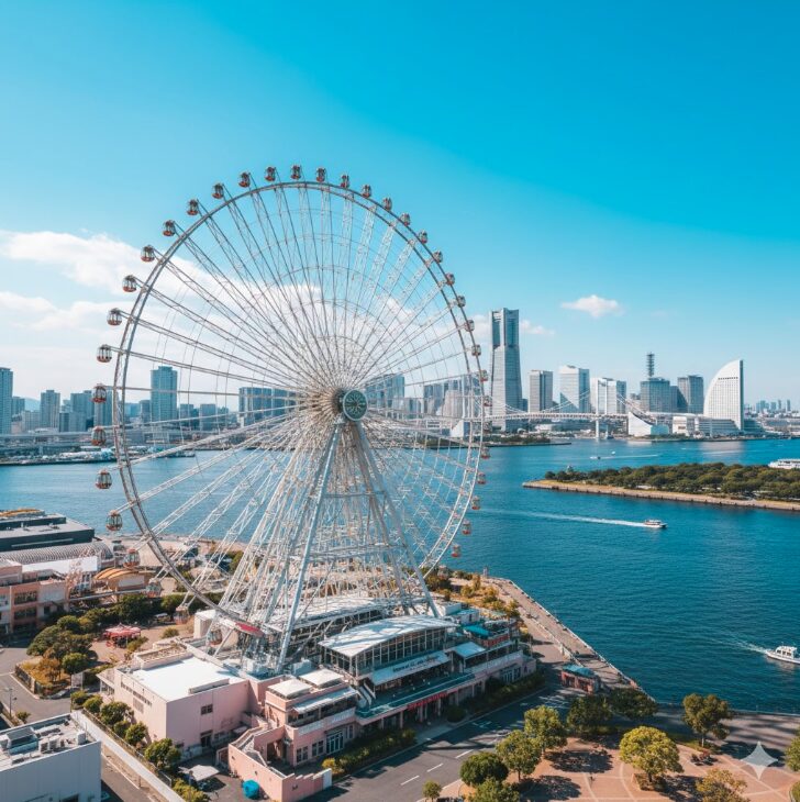 晴れた日の横浜みなとみらいと、よこはまコスモワールドの象徴である大観覧車「コスモクロック21」