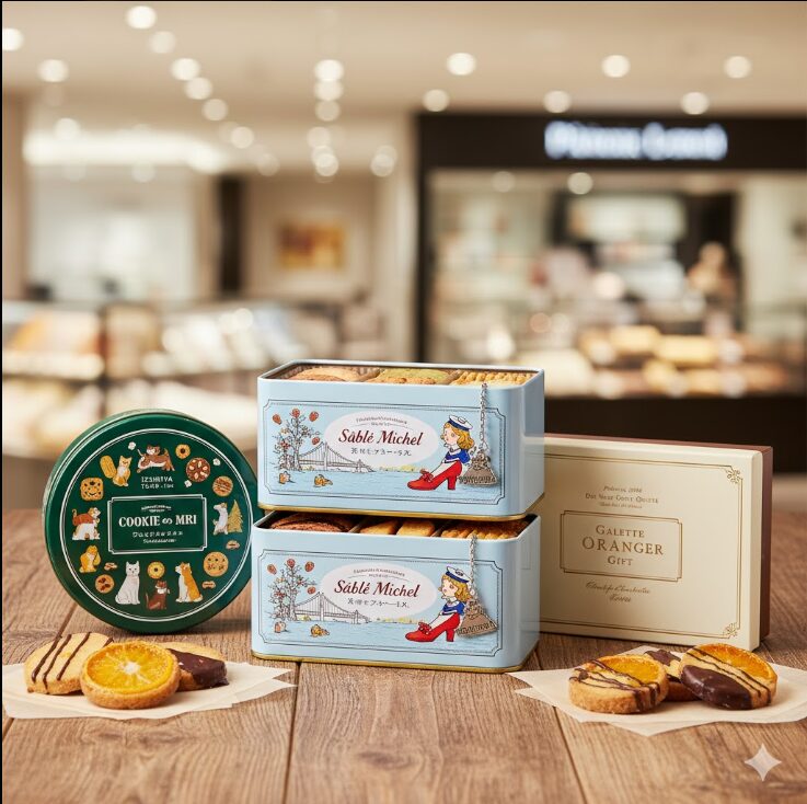 木目のテーブルの上に置かれたサブレミシェルのYOKOHAMA缶と泉屋東京店のクッキーの森、そしてパティスリー1904ディズ ヌフ ソン キャトルのガレットオランジェギフト。