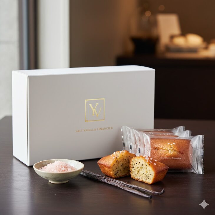 木目のテーブルの上に置かれた横浜バニラの塩バニラフィナンシェのギフトボックスと、中身のフィナンシェ、ピンク岩塩、バニラビーンズ。