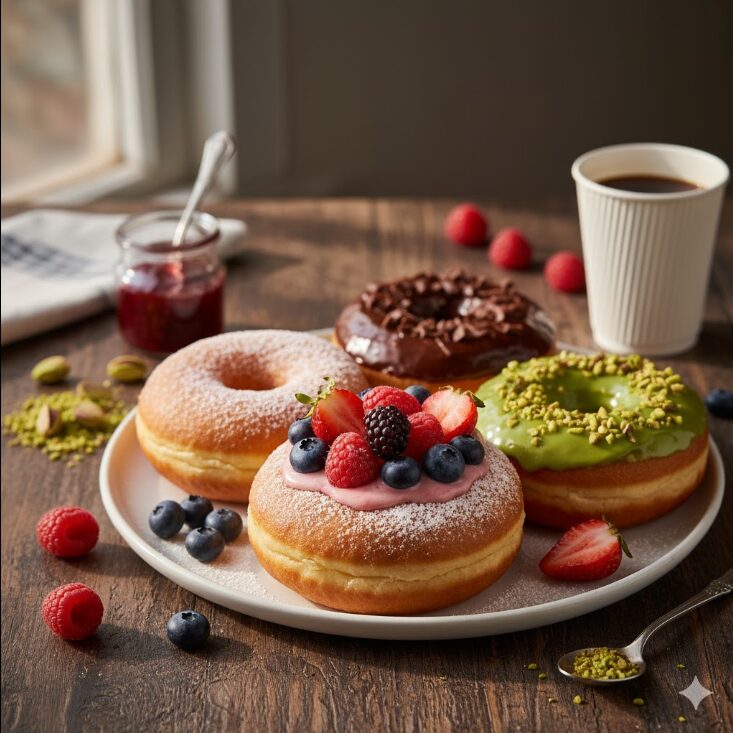 木目のテーブルの上に置かれた白い皿に盛り付けられたカラフルな生ドーナツとコーヒー