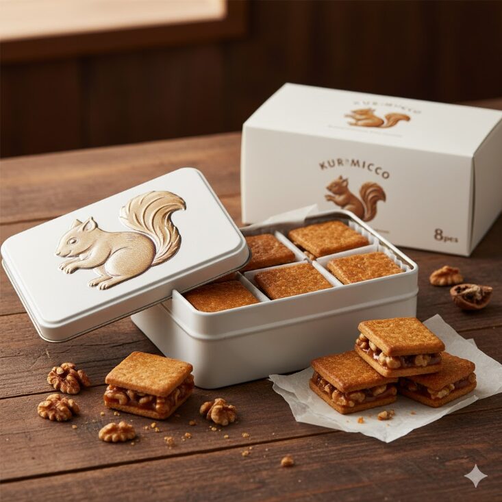 木目のテーブルの上に置かれた鎌倉紅谷のクルミッ子と、リスがデザインされた限定缶。