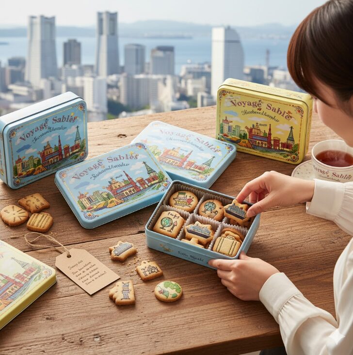 木製のテーブルで「サブレミシェル ヴォヤージュサブレ」の横浜限定缶を開けている日本人の女性