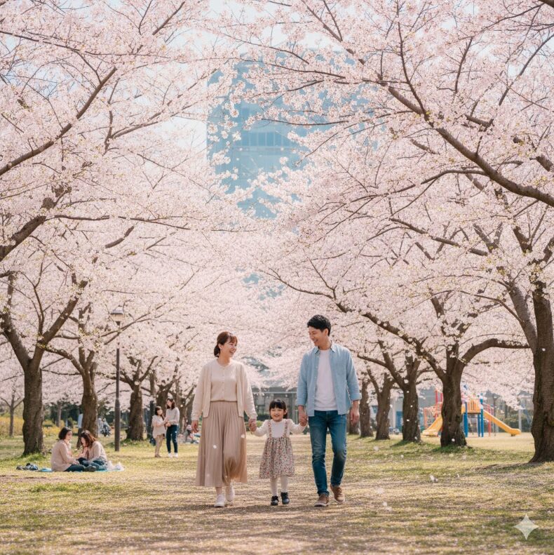 桜が満開の公園で子供と手をつないで歩く若い家族