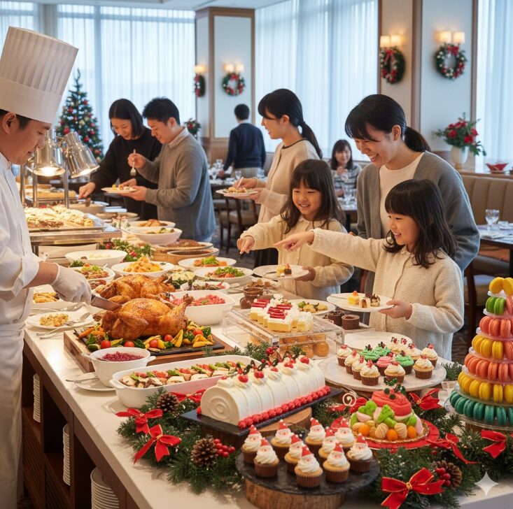 楽しそうに料理を選ぶ小さな子供連れの日本人家族