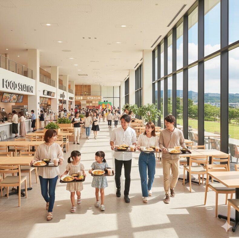 様々な料理を手にトレイを持って席を探す家族連れと友人グループ