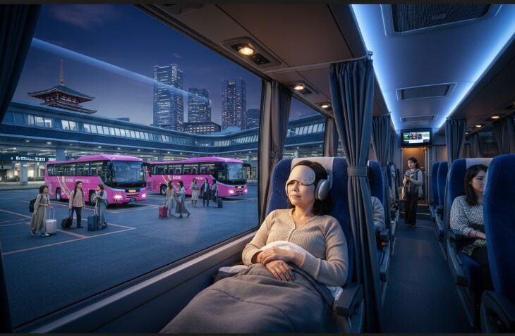 横浜から大阪へ向かう夜行バスに乗る日本人女性