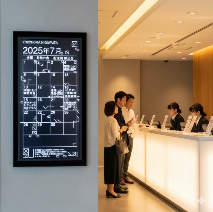 横浜にぎわい座のエントランス付近に設置されたデジタルサイネージ