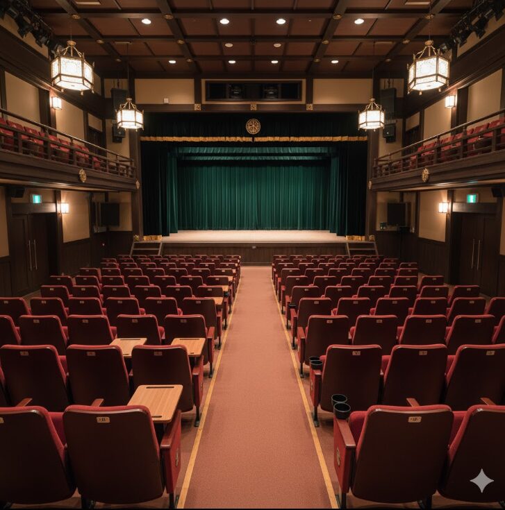 横浜にぎわい座の芸能ホールの空席の様子。舞台は緑色の幕で閉じられており