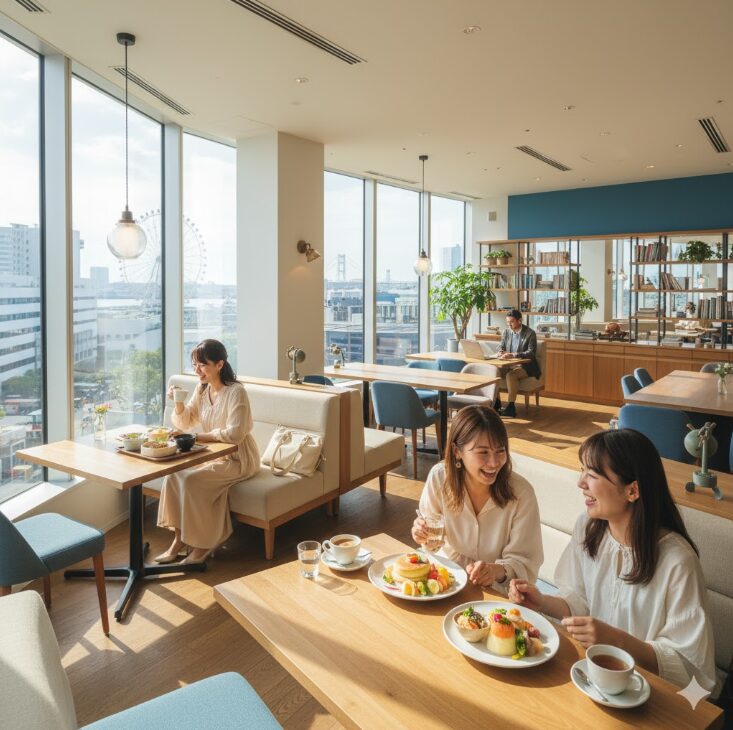 横浜のカフェでランチを楽しむ人々の様子