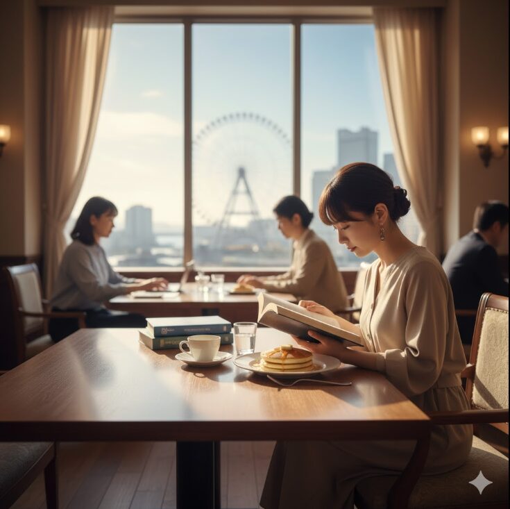 横浜のカフェで窓の外の景色を眺めながら読書を楽しむ女性