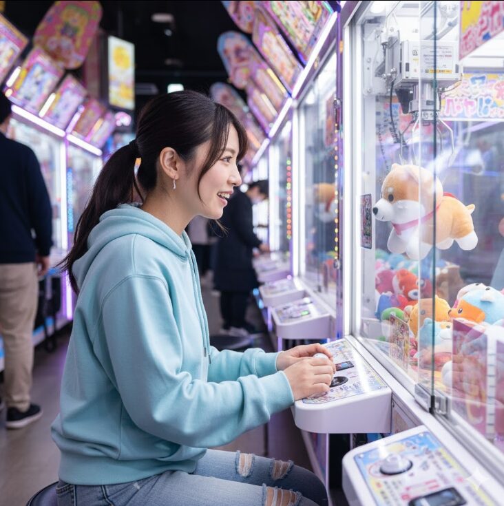 横浜のゲームセンターでUFOキャッチャーをプレイし、景品を狙っている笑顔の日本人女性。