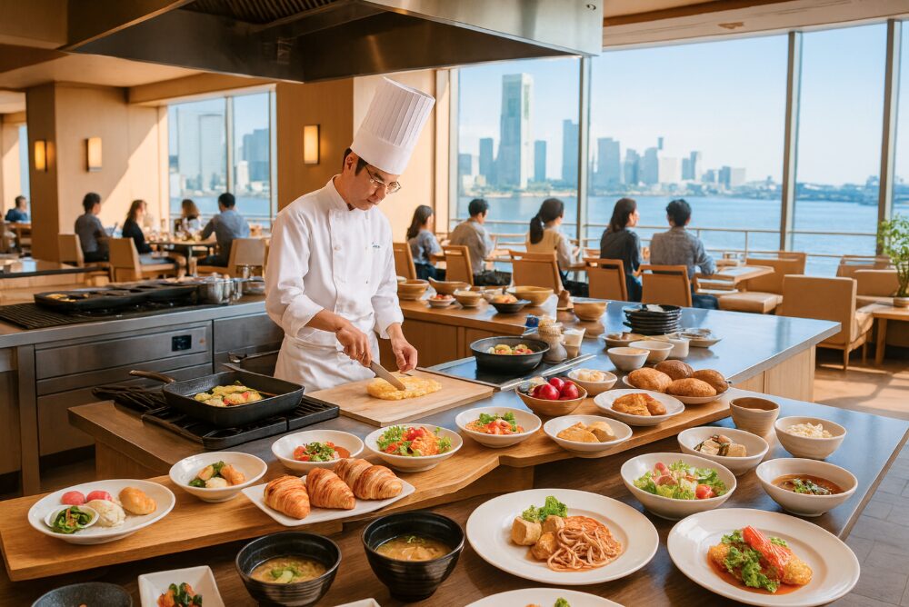 横浜のホテルでの豪華な朝食バイキングの様子