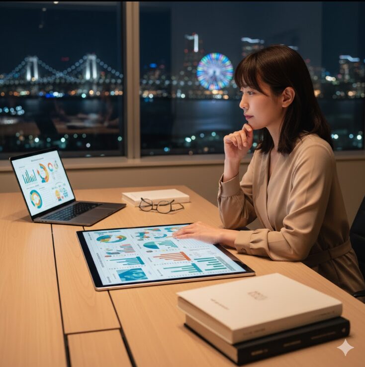 横浜の主要な宿泊可能スーパー銭湯・スパ施設の比較表やリストを俯瞰する、知的な日本人の女性