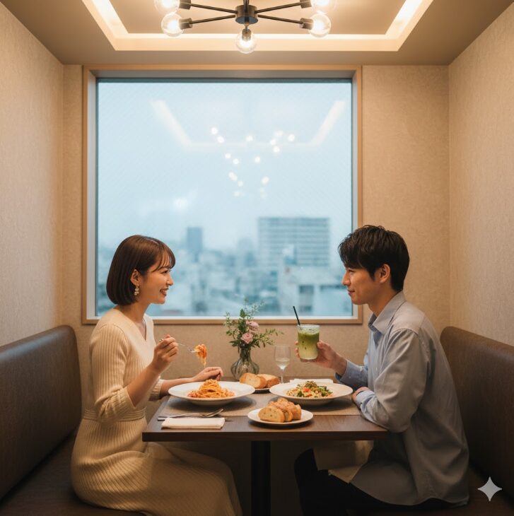 横浜の個室カフェでパスタやドリンクを楽しみながらデートするカップル。