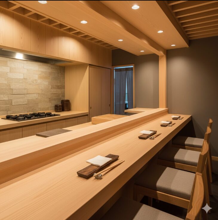 横浜の名店を彷彿とさせる、凛とした雰囲気の美しい白木のカウンター席