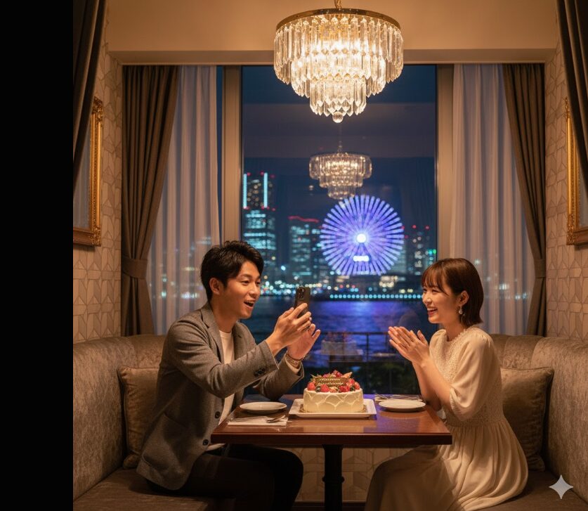 横浜の夜景が見える完全個室で、バースデーケーキを前にサプライズを楽しむカップル。