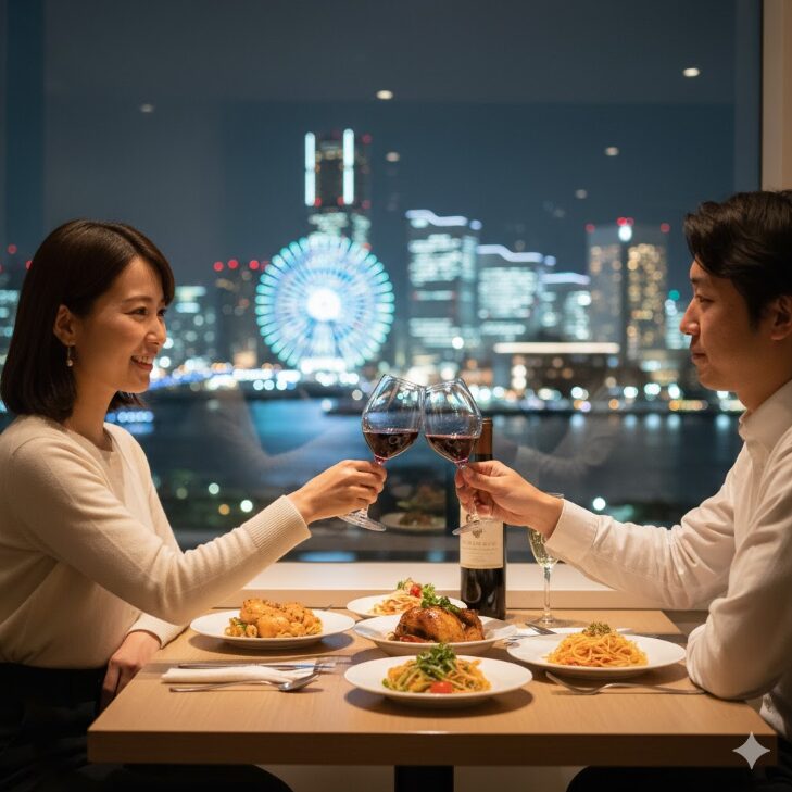 横浜の夜景を背景にしたレストランで、カジュアルな服装の日本人カップル