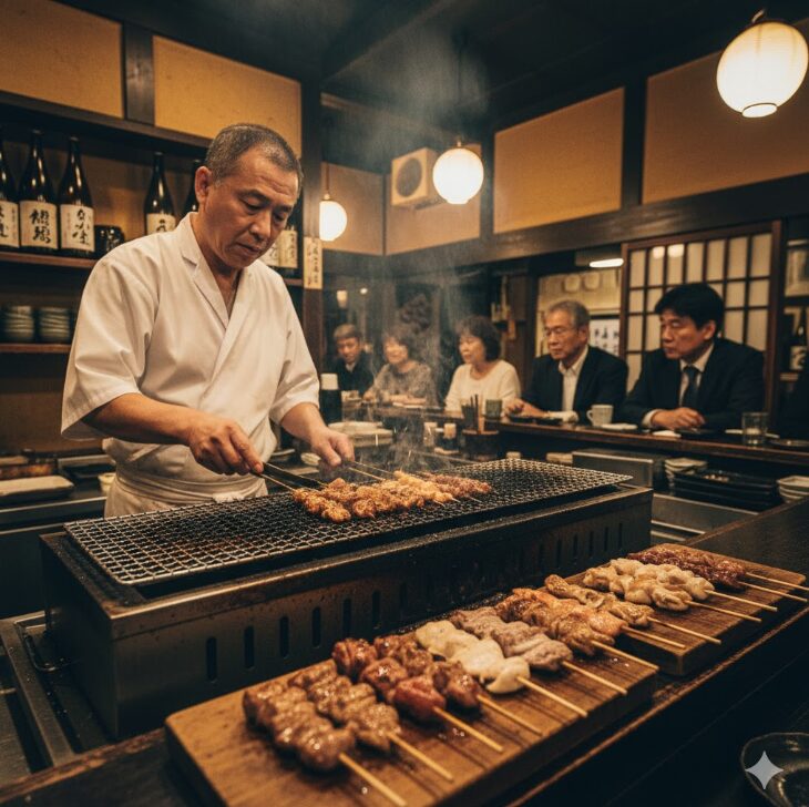 横浜の歴史ある老舗焼き鳥店の、伝統と清潔感が共存する落ち着いた店内