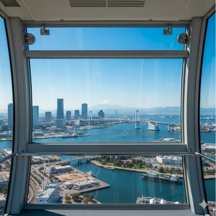 横浜の観覧車「コスモクロック21」のゴンドラから見下ろした、横浜港とみなとみらいの日中の広大なパノラマ風景