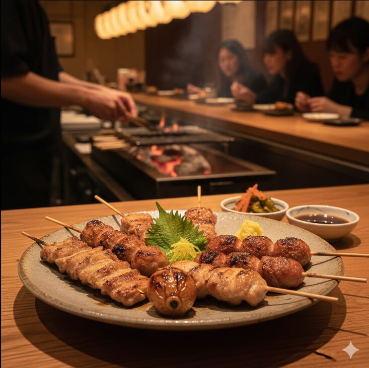 横浜の高級焼き鳥店で提供される、上質な皿に盛り付けられた絶品の焼き鳥コース